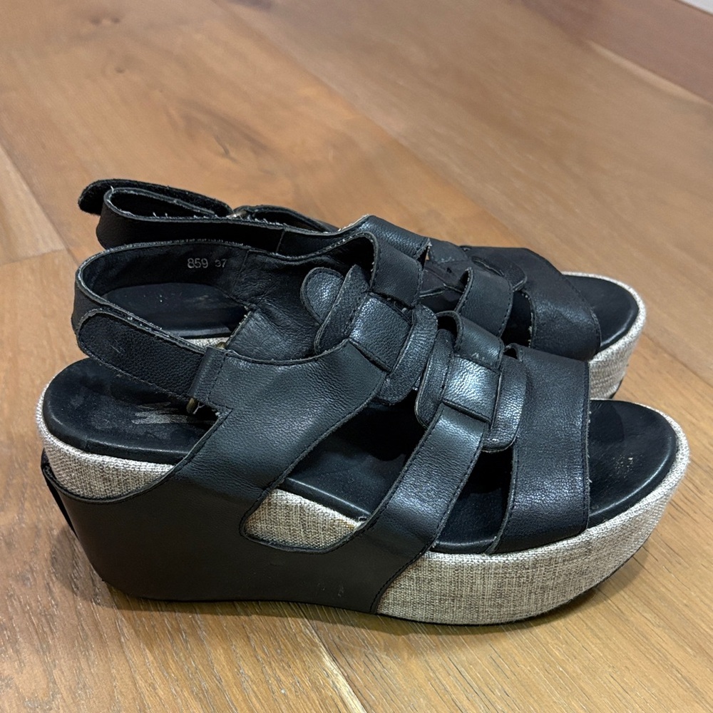 Antelope Black Leather Strappy Wedge Sandals with Natural Fabric Platform